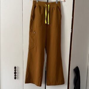 Figs Women's Brown Flare Scrub Pants with Yellow Drawstring